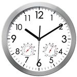 WOOPHEN Metal Silent Non Ticking Wall Clock with Temperature and Humidity (Silver, 12 Inch)