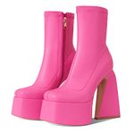 Uacllcau Platform Boots for Women Mid Calf Boots Square Toe Chunky High Heel Boots Side Zipper Ankle Booties, Rose Red, 8