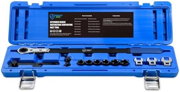 SMOTIVEPRO 13-Piece Extended-Reach Ratcheting Serpentine Belt Tool Kit with Reversible Ratcheting Wrench, Drive Adapters, 6-Point Sockets and Crowfoot Wrenches