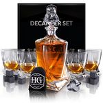 Whiskey Decanter Set for Men with 4 Glasses and 9 Cooling Whisky Stones, Funnel for Bourbon, Rum, Liquor Crystal Clear Decanter Sets - House Warming New Home Whiskey Gifts for Men