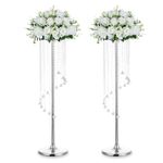 Nuptio Wedding Centerpieces Silver Vases: 2 Pcs 35.4in Tall Crystal Flower Vase Metal Flowers Stand for Party Tables Decorations - Elegant Bulk Weddings Decoration Table Chandelier Centerpiece Stands