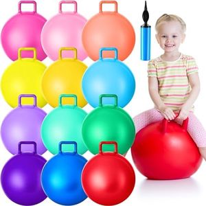 Meooeck 12 Pcs 18 Inch Hopper Ball with Handle and Air Pump Bouncy Ball Jumping Hopper Ball Bouncing Indoor Outdoor Toy for Boys Girls Sport Exercise, 12 Colors