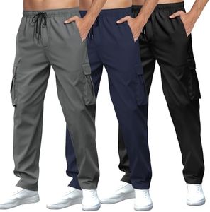 Mancozy 3 Pack Men's Casual Cargo Sweatpants Waist Drawstring Joggers Tactical Loose Fit Pants for Men with Multi Pockets Small