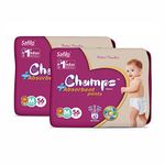 Champs Cotton Elastic Baby Diaper - Medium Size(Pack of 2), 112 Pcs | 7-12 Kg | Super Absorbent Core Upto 12 Hrs Leakage Protection | Breathable, Soft & Dry, Rash Free, Anti-Bacterial Pants for Babies