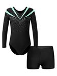 FEESHOW Kids Girls Long Sleeve Gymnastics Leotard Athletic Shirt Top with Sports Shorts Set Sparkly Ballet Dance Outfits Light Green Set 9-10 Years