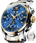 OLEVS Self Wind Watches for Men Automatic Blue Dial Mechanical Watch Mens Calendar Large Men's Wrist Watch No Battery Waterproof Moon Phase Man Two Tone Stainless Steel Reloj para Hombre