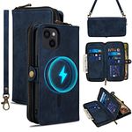 Rssviss for iPhone 13 Case Wallet Cover for Women Men, 《RFID Blocking》《Magsafe》Credit Card Holder Leather Strap Zipper Wristlet Flip iPhone 13 Case with Magnetic Shockproof 6.1" Blue