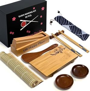 UR Happy Place Sushi Making Kit for Beginners – 15-Piece Sushi Roller Kit w/Solid Oak Maki Press, Bamboo Sushi Mat & Engraved Cherry Blossom Sushi Plate – Traditional Craftsmanship