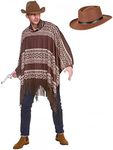 A2ZFD Adult Mens Western Cowboy Poncho Costume + Gunslinger Hat : Wild West Bandit Fancy Dress, Brown, L