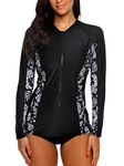 ATTRACO Ladies Zipper Rash Guard Women Athletic Uv Swim Shirt Side Print Black L