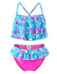 IKALI Girls Two-Piece Bikini Set, Flamingo Ruffle Bathing Suit, Toddler Summer Beach Swimming Costume