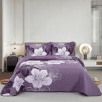 DJY 3 Pieces Quilt Set Queen Dark Purple Floral Pattern Quilt Coverlet Set Gorgeous Boho Bedspread with 2 Pillow Cases Soft Microfiber Botanical Bedding Quilt Set for All Season 90"x 96"