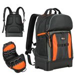 TUFFWORX Tool Backpack with Waterproof Hard Bottom, 35 x 17 x 47 cm Heavy Duty Tool Bag Backpack, Multiple Compartments Tool Rucksack for Electrician, Plumber, Orange/Black