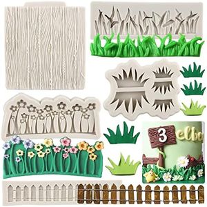 Sijiangmold Green Grass Wood Grain Garden Picket Fence Fondant Molds Green Grass Flower Silicone Mold Wood Grain Tree Bark Candy Mold For Cupcake Topper Cake Decoration Polymer Clay Gum Paste Set Of 5