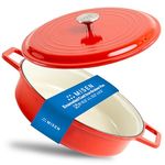 Misen Enameled Cast Iron Braiser Pan with Lid - Shallow Depth for Braising & Poaching - Durable Cookware - Oven Safe - Easy Handling - Chip-Resistant Enamel - Multi-Purpose Cooking - Red