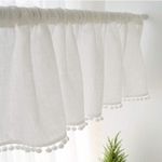 PFLife Sheer Valence for Windows White Pom Pom Short Window Valance Semi-Sheer Sheer Valances for Living Room Blinds Light Filter Curtains for Living Room 1 Panels (41x 18 Inch, White)