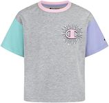 Champion Kids Clothes Girls Original Boxy Script Tee, Oxford Heather Colorblock Sunburst, Small