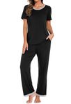 PrinStory Women's Pajama Set Short Sleeve Sleepwear Ladies Soft Pjs Lounge Set with Pockets Medium Black