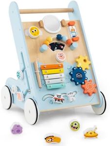 BABY JOY 8-in-1 Wooden Baby Walker, Push and Pull Learning Activity Center, Montessori Walker Toy with Wheels, Push Toy for Toddlers Boys Girls 1+ Years Old (Blue)