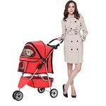 Pet Stroller Dog Stroller for Small Medium Dogs & Cats, 3 Wheel Folding Pet Travel Stoller Pet Jogger with Zipper Mesh Door and Storage Basket Easy Walk Pet Roadster for Puppy Animals- Red