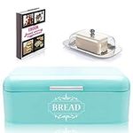 Vintage Bread Box for Kitchen Stainless Steel Metal in Retro Turquoise + Free Butter Dish + Free Bread Serving Suggestions eBook 16.5" x 9" x 6.5" Large Bread Bin Storage by All-Green Products…