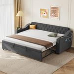 EINHOM Daybed Sofa Bed with Trundle Bed, 3FT Upholstered Bed with Charging Station and Armrest Storage, Wooden Slats, Linen, Grey, 90x190 cm (No Mattress) 