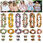 HBell 24pcs Hawaiian Garlands Colored Flowers Garlands,Hawaiian Leis Fancy Dress Hula,with 12 Bracelets 6 Headbands 6pcs 42Ft Garlands,for Hawaii Party Decoration Summer Beach Garden Party