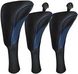 Golf Club Head Covers for Fairway Woods Driver Hybrids 3 Pieces Long Neck Mesh Sports Fan Golf Club Headcovers Set with Interchangeable No. Tags 3 4 5 6 7 X Golf Accessories for Men Women (Black Blue)