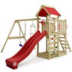 WICKEY Wooden climbing frame MultiFlyer with swing set & red slide, Outdoor kids playhouse with sandpit, climbing ladder & play-accessories for the garden