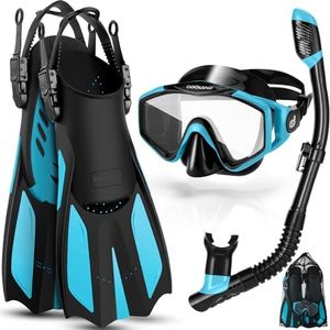 Odoland 4 in 1 Snorkel Set, Snorkeling Packages with Dry Top Diving Mask, Adjustable Swim Fins, Mesh Bag, Anti-Fog Anti-Leak Snorkeling Gear for Men Women,Sky Blue/Black,S/M