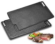 Velaze Cast Iron Griddle Pan for Gas Hobs with Ridged and Flat Surfaces, Grill Pan Non-Stick Drains Fat for BBQ Steak Pan Reversible Pan 45.5 x 26cm