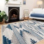 Designer Tribal Striped Grey Lounge Living Room Area Rug Navy Denim Blue Easy Clean Bedroom Carpet Utility Hallway Kitchen Rugs 120cm x 170cm