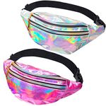 2 Pieces Holographic Fanny Pack,Hologram PU Waist Pack PVC Waterproof Shiny Waist Bag,Laser Waist Bum Bag with Adjustable Belt,Metallic Color Sport Waistbag,Fashion Rave Waist Bag For Women Men Kids,