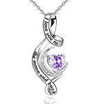 Distance I Love You to The Moon and Back Necklace 925 Sterling Silver Birthstone Heart Pendant Necklace Birthday Jewelry Gifts for Women Wife Mom Girls-Light Purple