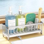 Sponge Holder for Kitchen Sink, Rustproof 304 Stainless Steel Kitchen Sink Organizer with Auto-Drain, 360° Swivel Spout, Kitchen Sink Sponge Holder with Removable Divider, Kitchen Sink Caddy, Silver