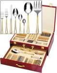 75-Piece Gold Flatware Set Dining Service for 12 - Premium 18/10 Stainless Steel - 24K Gold Plated Trim - Silverware Serving Set Lightweight - Wood Flatware Box - Dishwasher Safe (Greek)