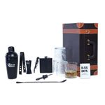 Bar Box Portable Bar Set 4 Whiskey Glasses, Cocktail Shaker Set Bar Tools - Brown Leatherette Bar Kit with Black Matte Accessories for Home - Perfect Bar Setup & Decor Wine Opener and Peg Measure