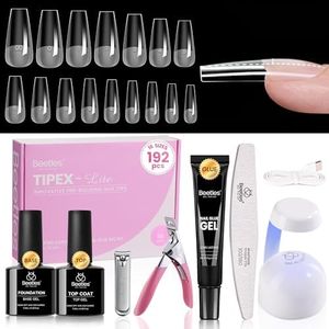 Beetles Tipex Lite Apex Nail Tips Kit, Long Coffin, 192pcs 16 Sizes,with Solid Nail Glue, Base & Top Coat, Mini UV Lamp, Nail Clipper & Cuticle Nipper, for DIY Salon-look Extensions Kit