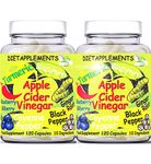 2 Bottles (240 Capsules) Raw, Unfiltered Apple Cider Vinegar with The Mother | Turmeric, Ginger, Black Pepper, Cayenne Pepper, Blueberries, Bilberries | High Strength Bio Cultures | Vegan Capsules