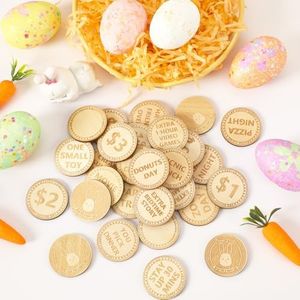 CypherX Easter Egg Fillers- Wooden Easter Bunny Coins, Easter Prizes Stuffers Coins, Family Night Tokens, 24 Redeemable Reward Tokens+6 Blank DIY Tokens, Unique Family Easter Egg Hunt Activities