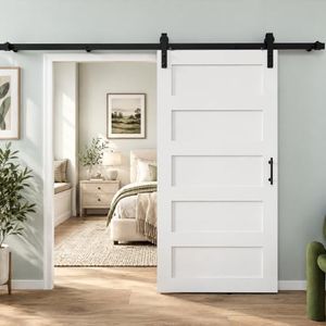 38 x 84 Inch Sliding Barn Door with Hardware Kit, White, for Home Interiors | 5-panel white door with 6.83 ft track, nylon rollers, cushioned stops and handle; easy-clean surface; instructions included