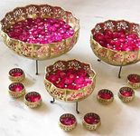 Innovative Handicrafts Iron Lotus Urli with Stand Pot for Floating Flower/Candle Festive Decor Set of 13 Piece 14/12/10 Size with Stand and 7 Votives Small Bowl 3.5 inch Each | Golden, 14 Cubic Inches