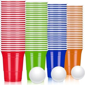 LATERN 100 Pezzi Bicchieri di Plastica Riutilizzabili, 480ml Tazze da Birra-Pong con 25 Coppe Rosse, 25 Coppa Blu, 25 Coppa Verde, 25 Coppa Arancione, 10 Giochi Palline da Ping Pong per Gioco Festa