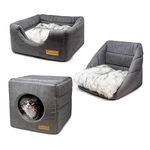 allpetsolutions Cat Small Dog Cosy Cube Igloo Bed, 3-in-1 Foldable Grey Pet Kitten Puppy Soft Cave Bed, Machine Washable with Reversible Cushion – 35 x 35 x 35cm