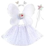 Discoball Girls Fairy Costume Set Princess Tutu Skirt Fairy Magic Butterfly Wings Dress Up Fantasy Costume Play with Butterfly Wings, Magic Wand and Headband Set for 3-8 Years Girls (White)