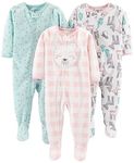 Simple Joys by Carter's Girls' 3-Pack Loose Fit Flame Resistant Fleece Footed Pajamas, Pink Deer/Blue Snowflakes/Pink Check, 24 Months