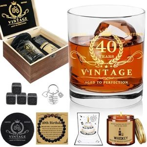 40th Birthday Gifts Ideas for Men: Gold Printed Whiskey Glass Set with Wood Box - 40 Year Old Bday Gift for Man - Mens Vintage 40 Th Anniversary Presents for Him Dad Husband Brother Male Friends