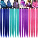 ZHAOWWEI 16PCS Princess Red Extensions Multi-Colors Party Highlights Streak Synthetic Hairpieces Clip-In/Clip On Colored Hair Extensions (Blue Purple Teal Pink)