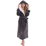 SeaKanana Women's Large Hooded Grey Long Bathrobe with Chest Button,Lightweight Fleece Soft House Coat L