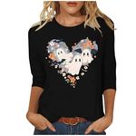 Black Women Long 3/4 Sleeve Tops 4th of July Graphic Loose Fit Blouses for Teen Girls Crewneck Spandex Happy Vacation Halloween Fall Summer Shirts 2024 Clothes XL